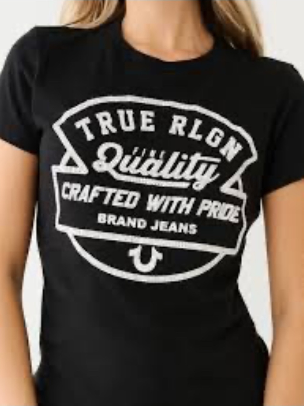 True Religion Black Tee with White Rhinestone Logo Y2K Festival Glam- L